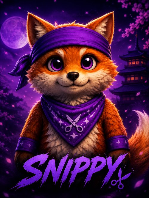 Snippy, the orange-and-white fox mascot of the KSTO community, wearing a purple headband labelled SNIPPY