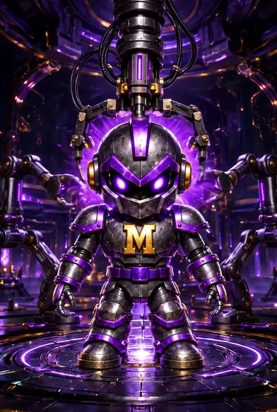 Guard.IAN in steel and violet armour with a gold M on his chest, standing in the forge