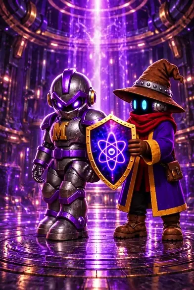 A wizard in a brown hat hands Guard.IAN a gold-rimmed shield marked with the XPR atom