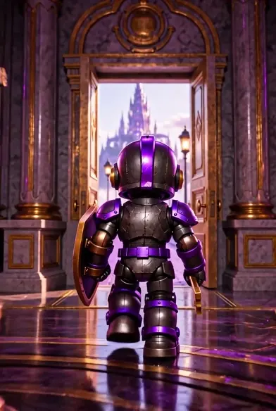 Guard.IAN, seen from behind, walking through a tall open door toward a far city