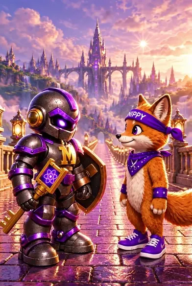 Guard.IAN with key and shield beside Snippy, a fox in a purple headband, on a purple brick road